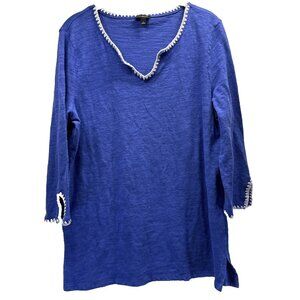 Talbots Women's Top Size Large Linen Blend Blue White Trim 3/4 Sleeves Pullover